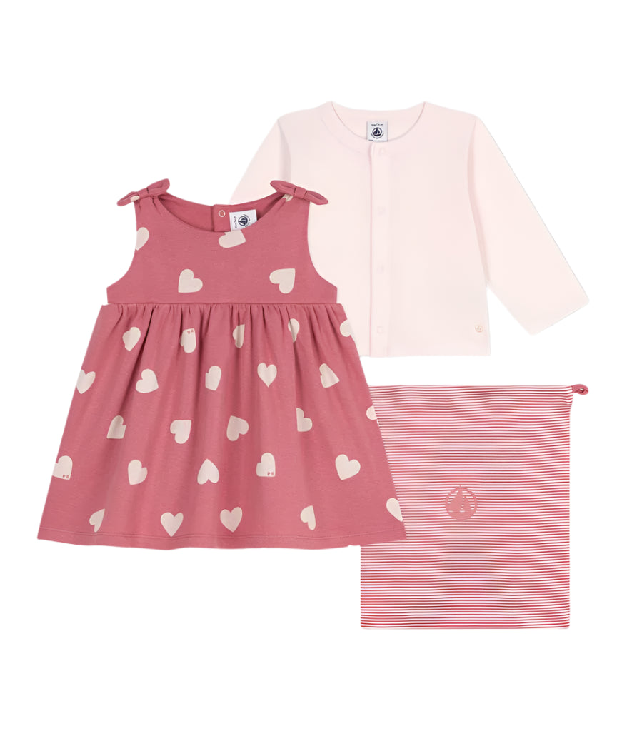 Petit Bateau infant girl heart print sleeveless dress & cardigan set