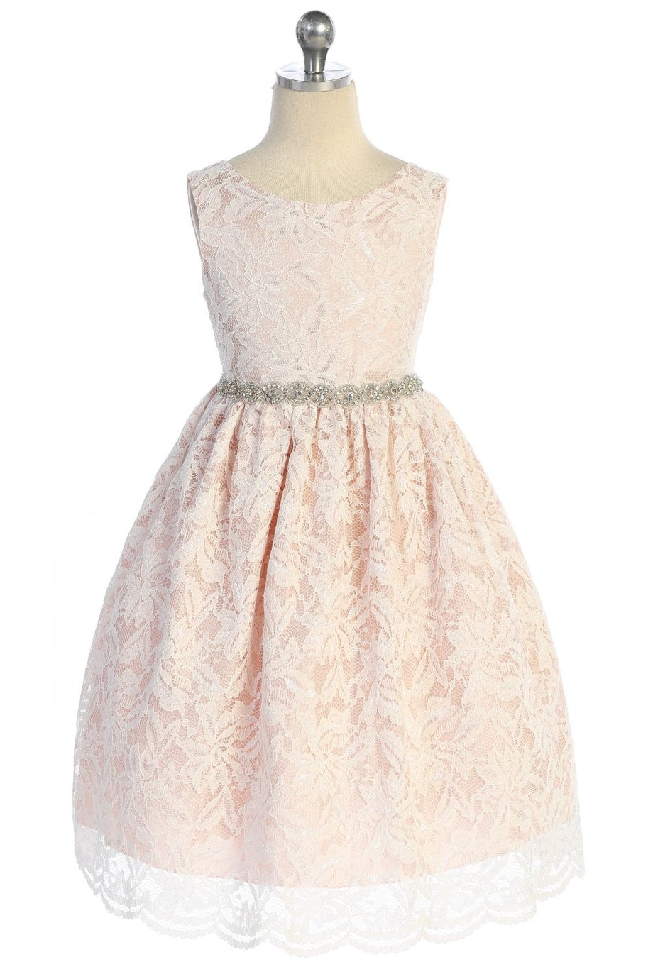 Kid's Dream girls lace v-back dress with rhinestone trim