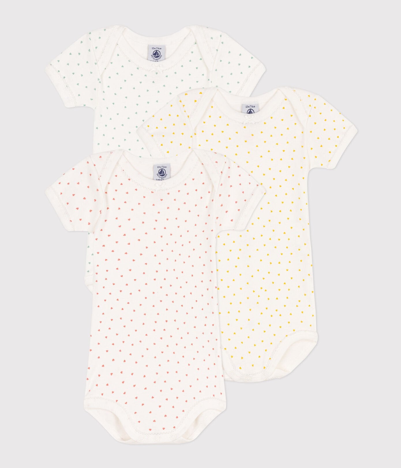 Petit Bateau 3-pack infant girl heart print s/s onesies