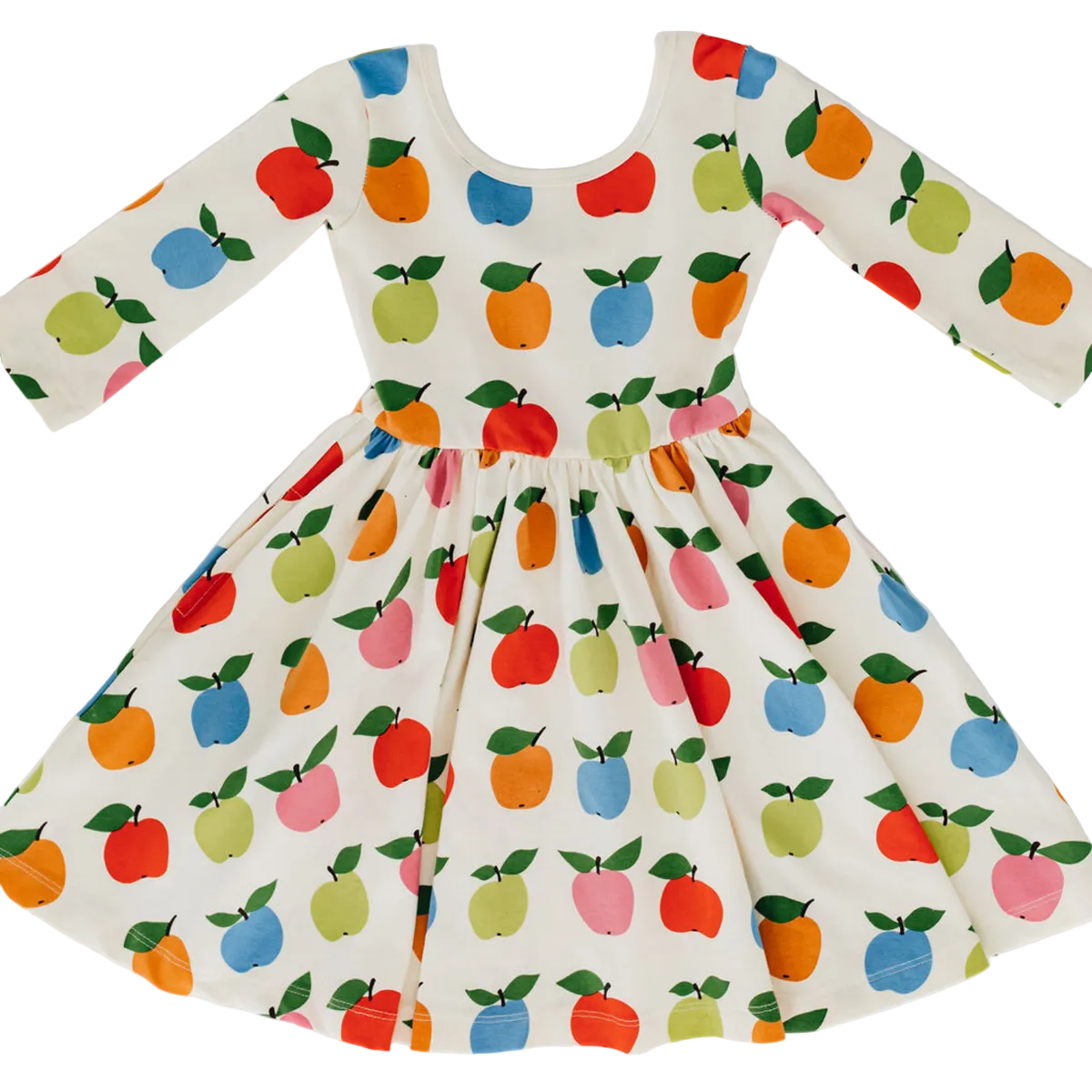 Good Apples girls twirl dress in multicolor apple print with fitted bodice and full circle skirt
