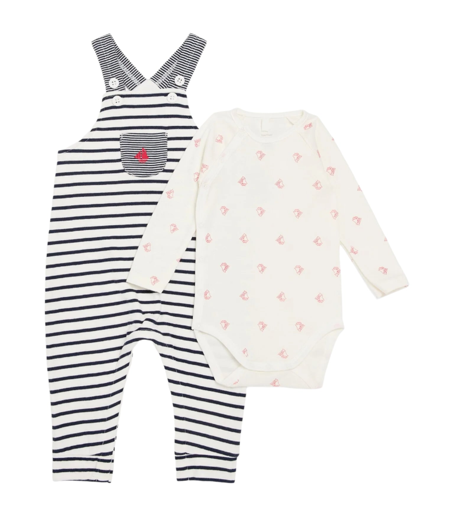 Petit Bateau infant boat print onesie & stripe overalls set
