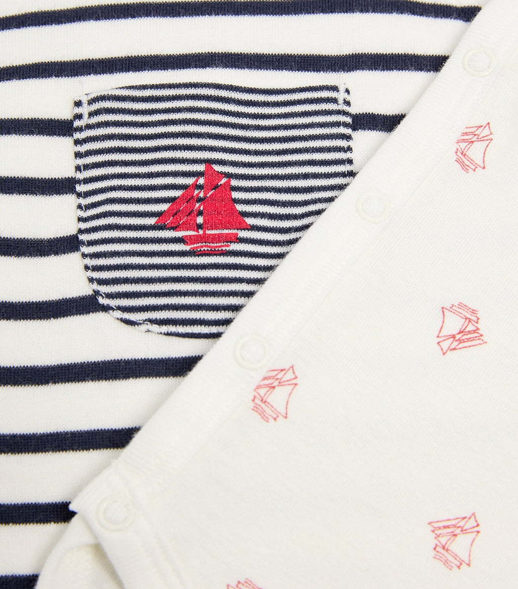 Petit Bateau infant boat print onesie & stripe overalls set