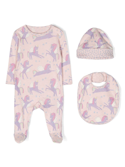 Stella McCartney infant girl unicorns footie, hat & bib set