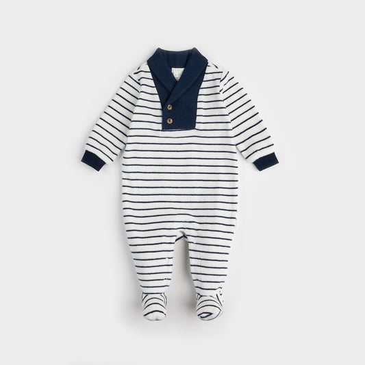 Petit Lem infant boy striped shawl collar velour footie
