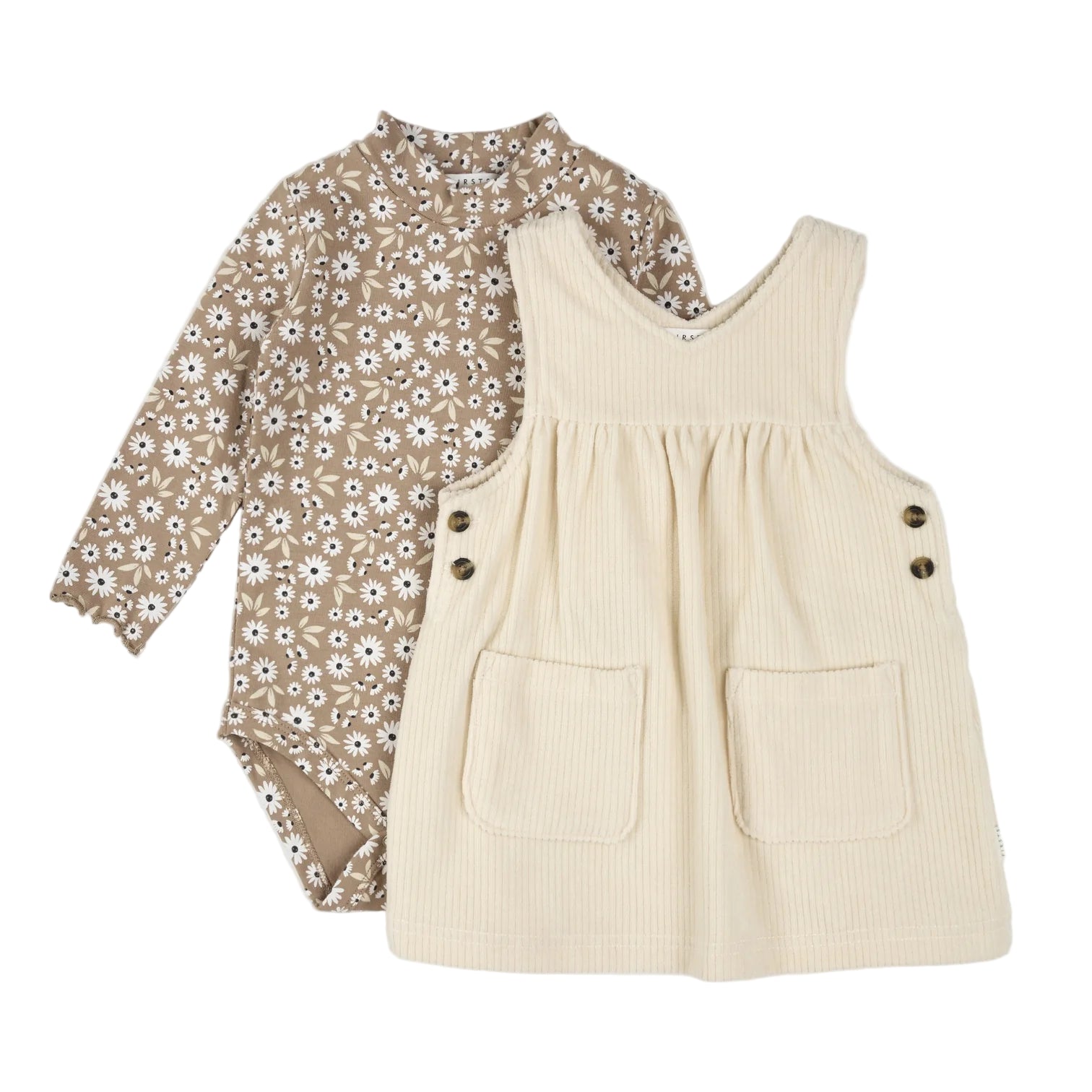 Petit Lem infant girl daisy print onesie & corduroy overall dress set