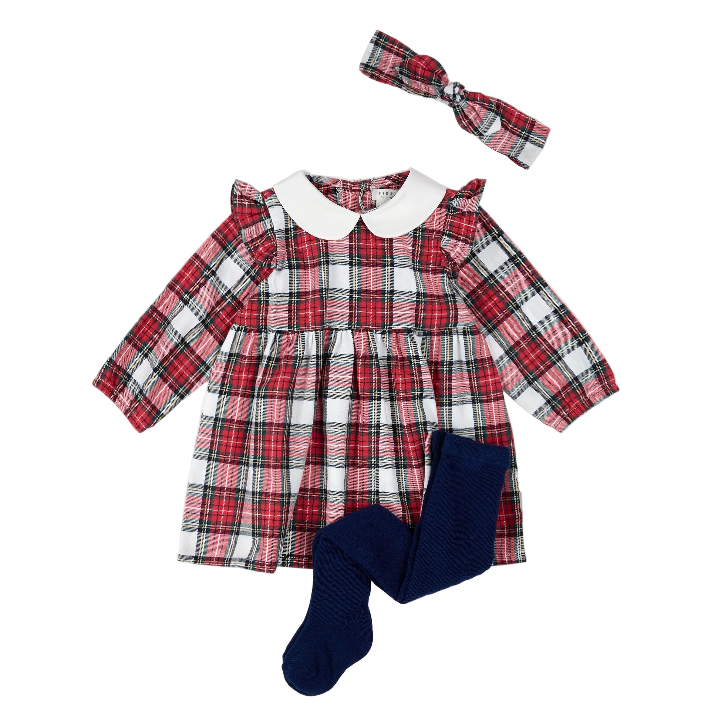 Petit Lem infant girl plaid dress with headband & tights
