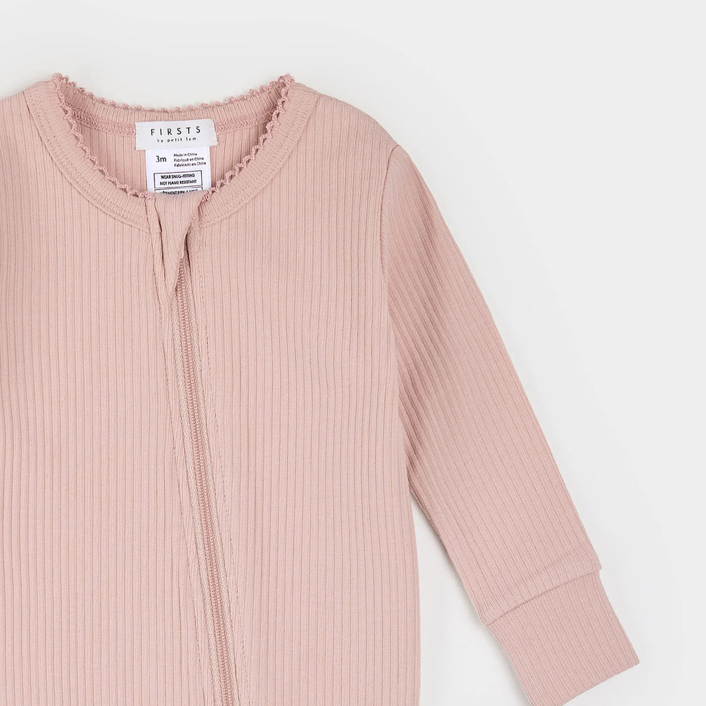Petit Lem infant girl modal rib scalloped sleeper