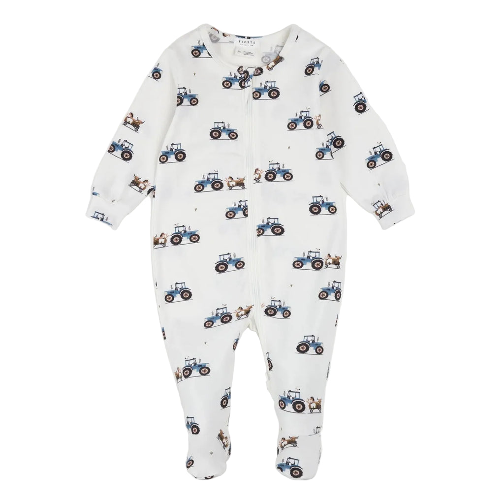 Petit Lem infant boy tractor ride print zip footie