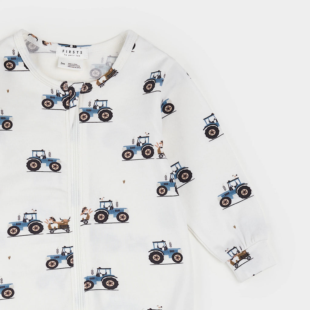 Petit Lem infant boy tractor ride print zip footie