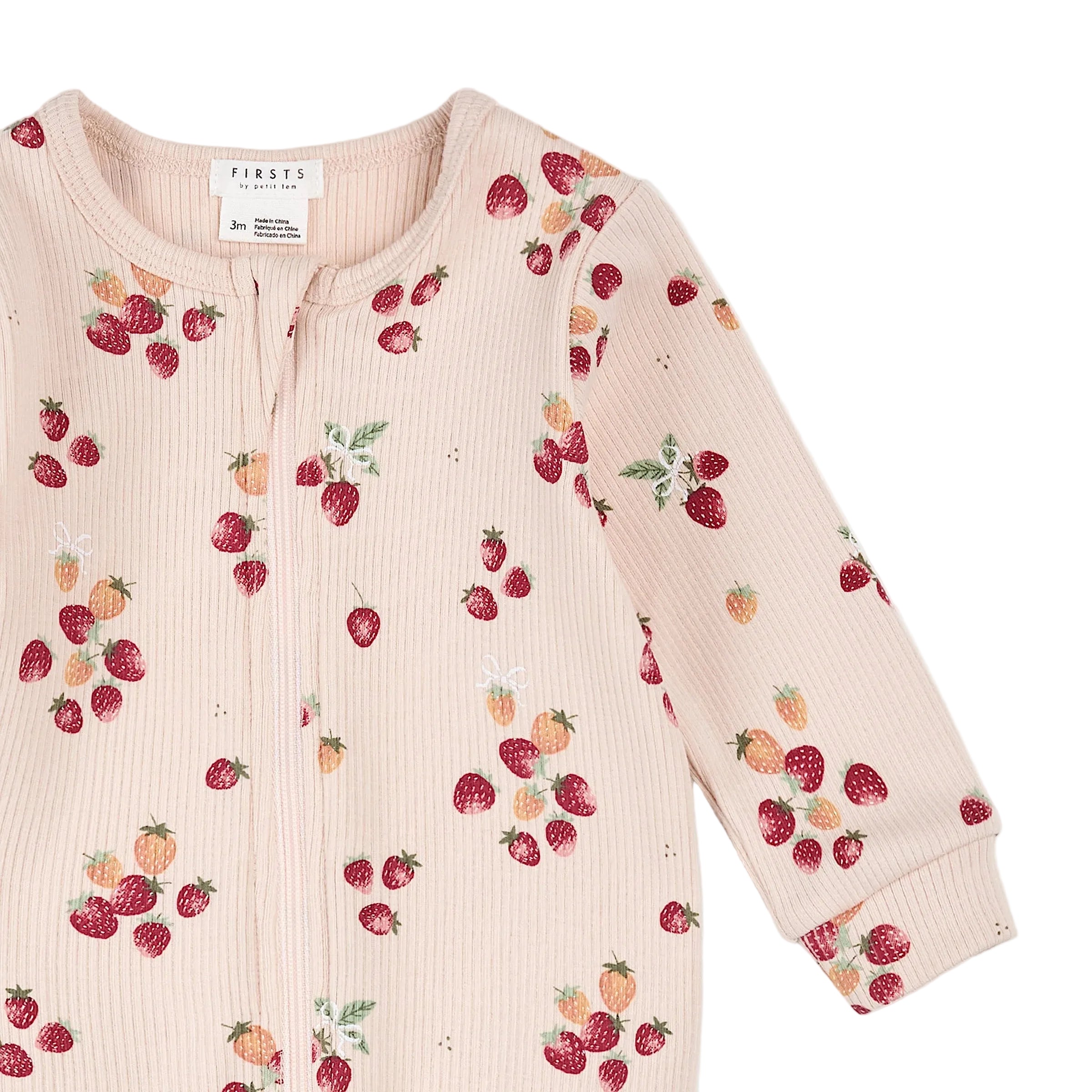Petit Lem infant girl strawberry print ribbed footie
