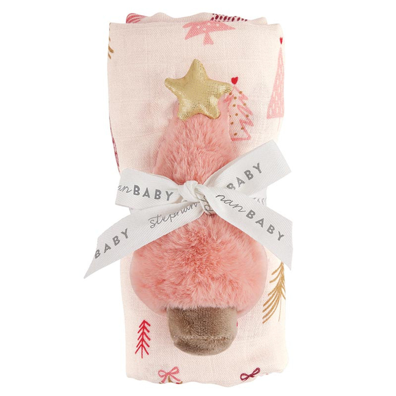 Stephan Baby holiday swaddle with plush rattle