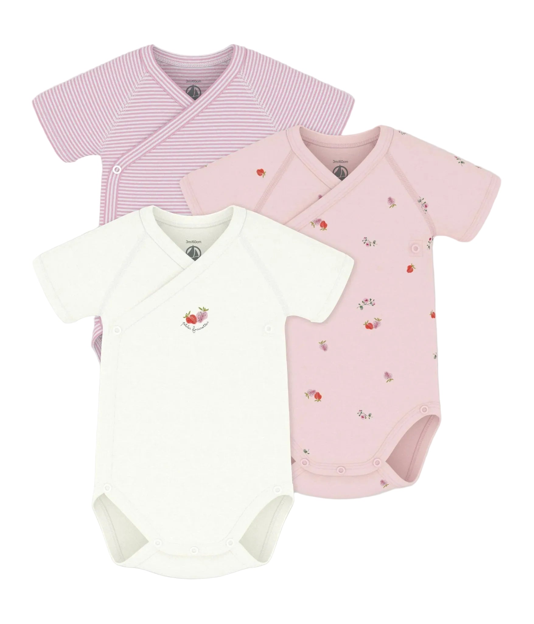 Petit Bateau 3-pack infant girl crossover s/s onesies