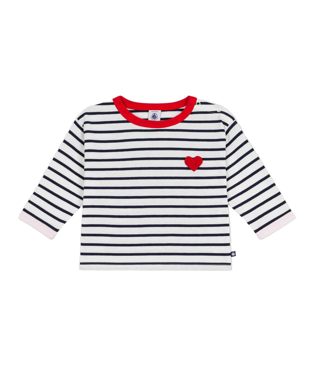 Petit Bateau infant girl stripe long sleeve shirt with heart applique