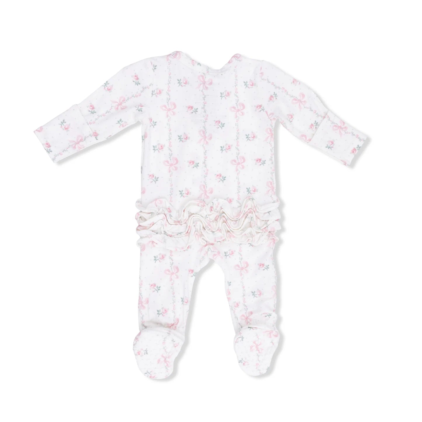 Angel Dear infant girl dainty buds & bows ruffle back zipper footie