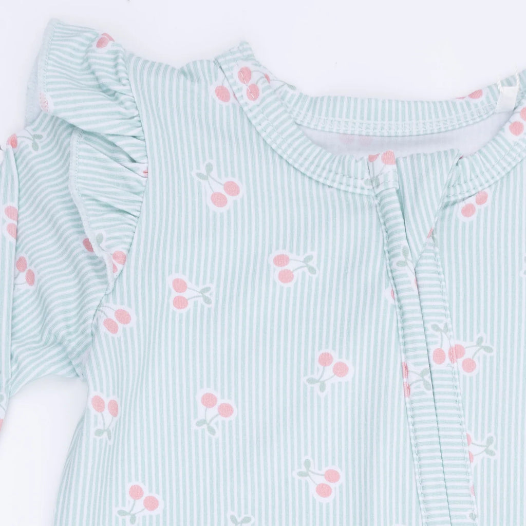 Angel Dear infant girl tiny cherry stripe ruffle sleeve zipper footie
