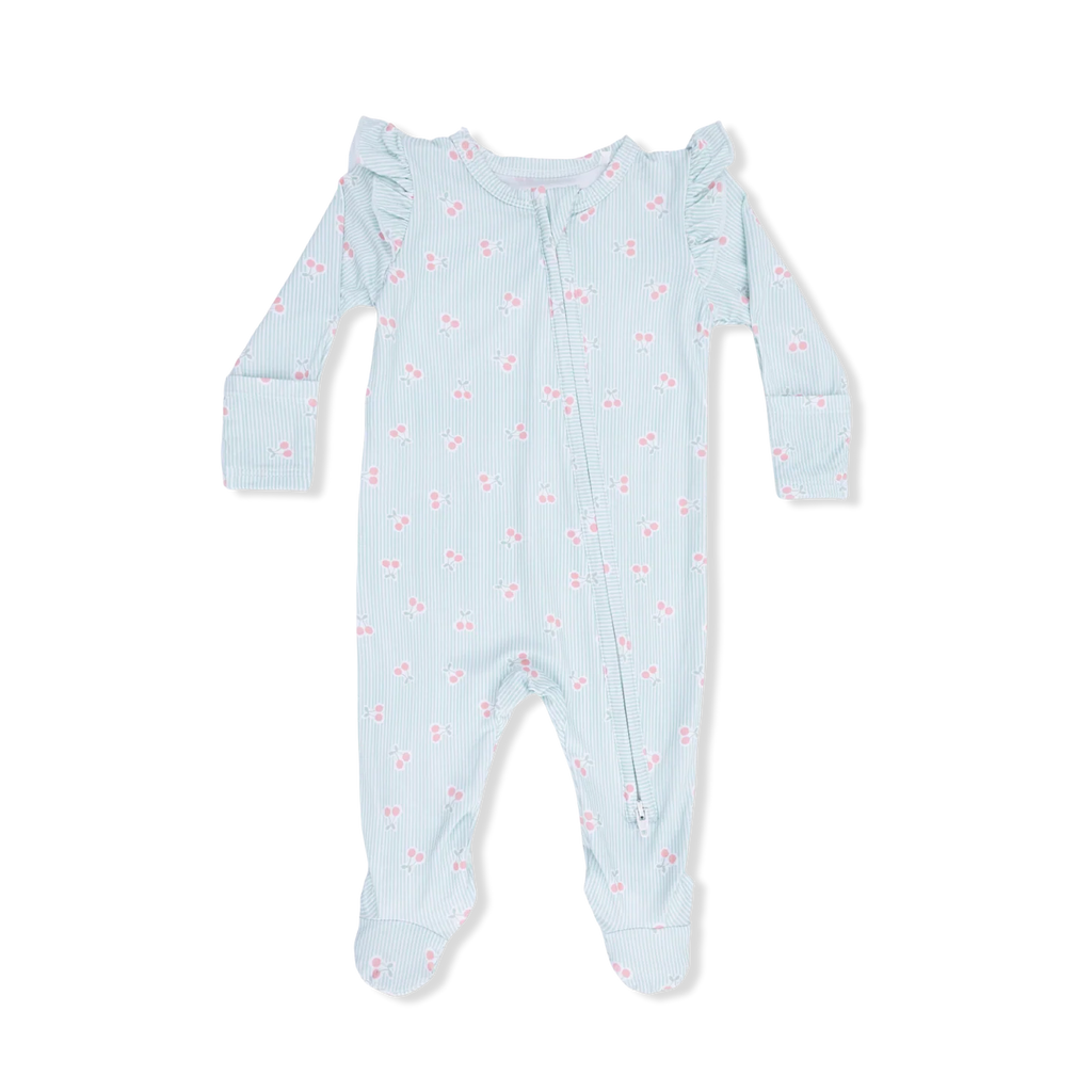 Angel Dear infant girl tiny cherry stripe ruffle sleeve zipper footie