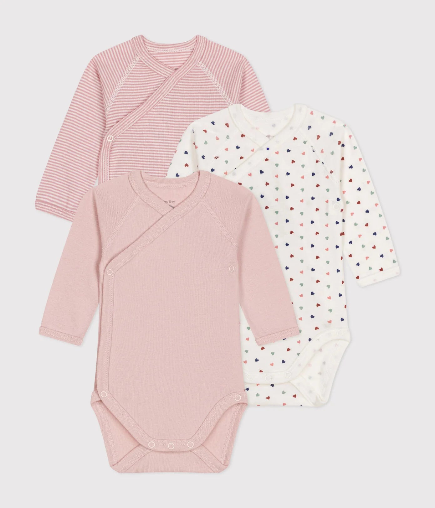 Petit Bateau 3-pack kimono heart print & stripe long sleeve onesies