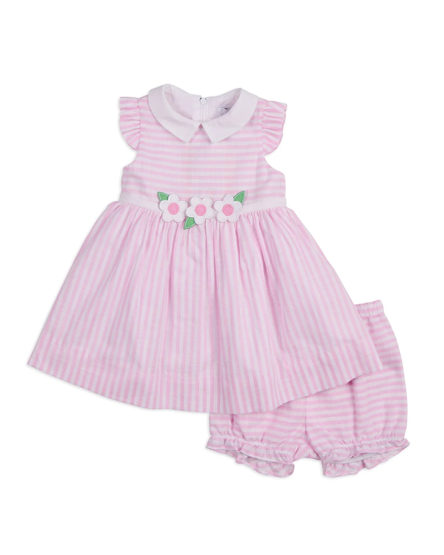 Florence Eiseman infant girl linen-look stripe dress with flowers & bloomer
