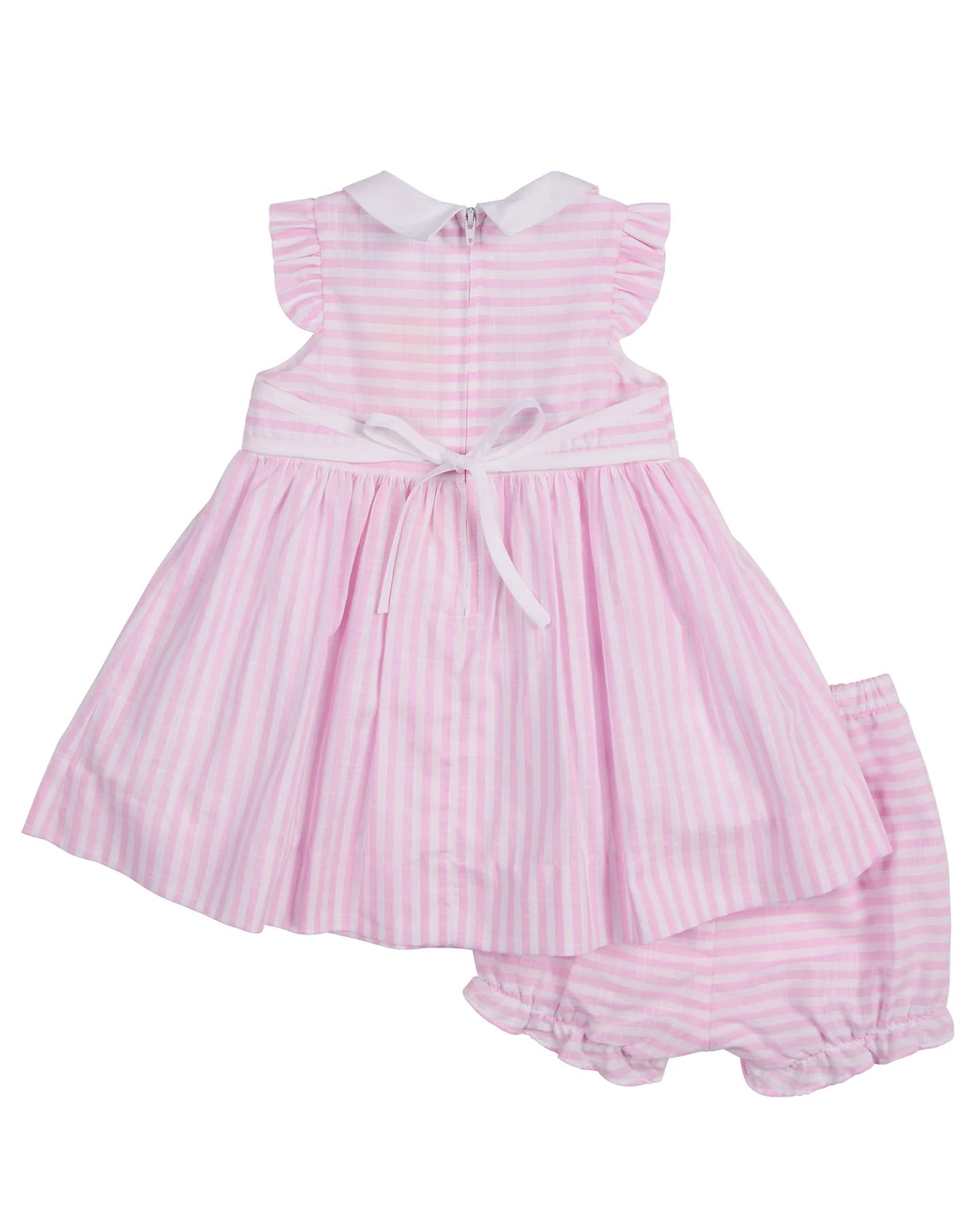 Florence Eiseman infant girl linen-look stripe dress with flowers & bloomer