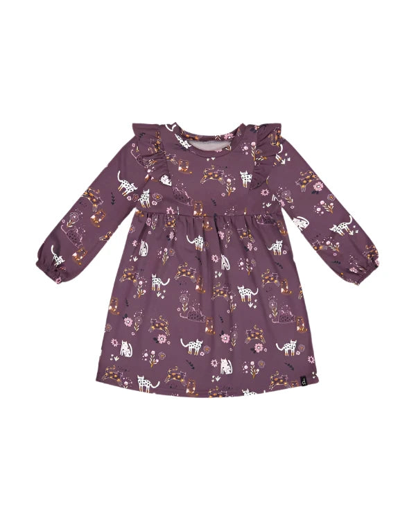 Deux Par Deux infant & girls printed cats long sleeve dress