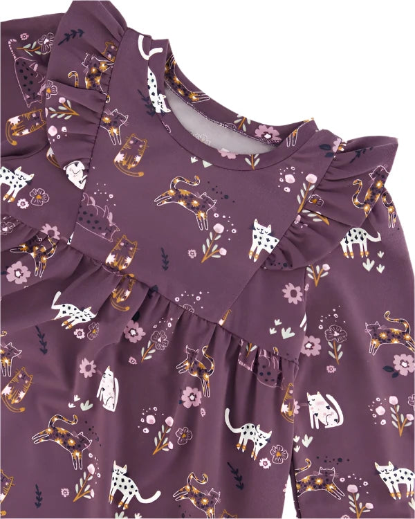 Deux Par Deux infant & girls printed cats long sleeve dress