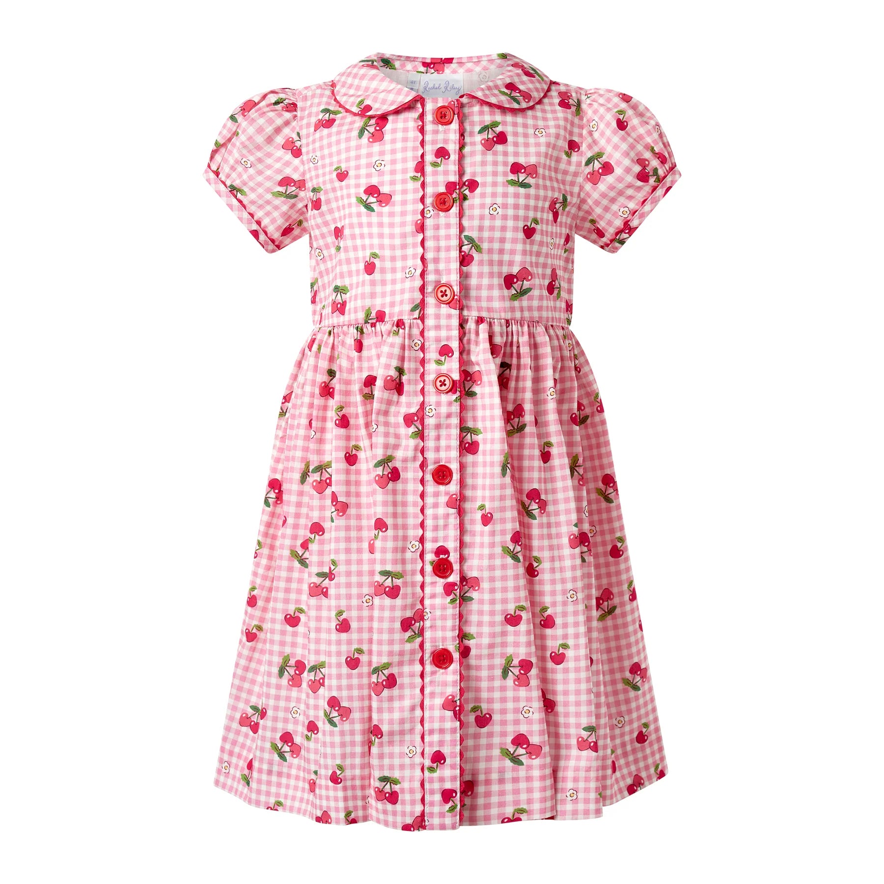 Rachel Riley girls gingham cherry button front dress