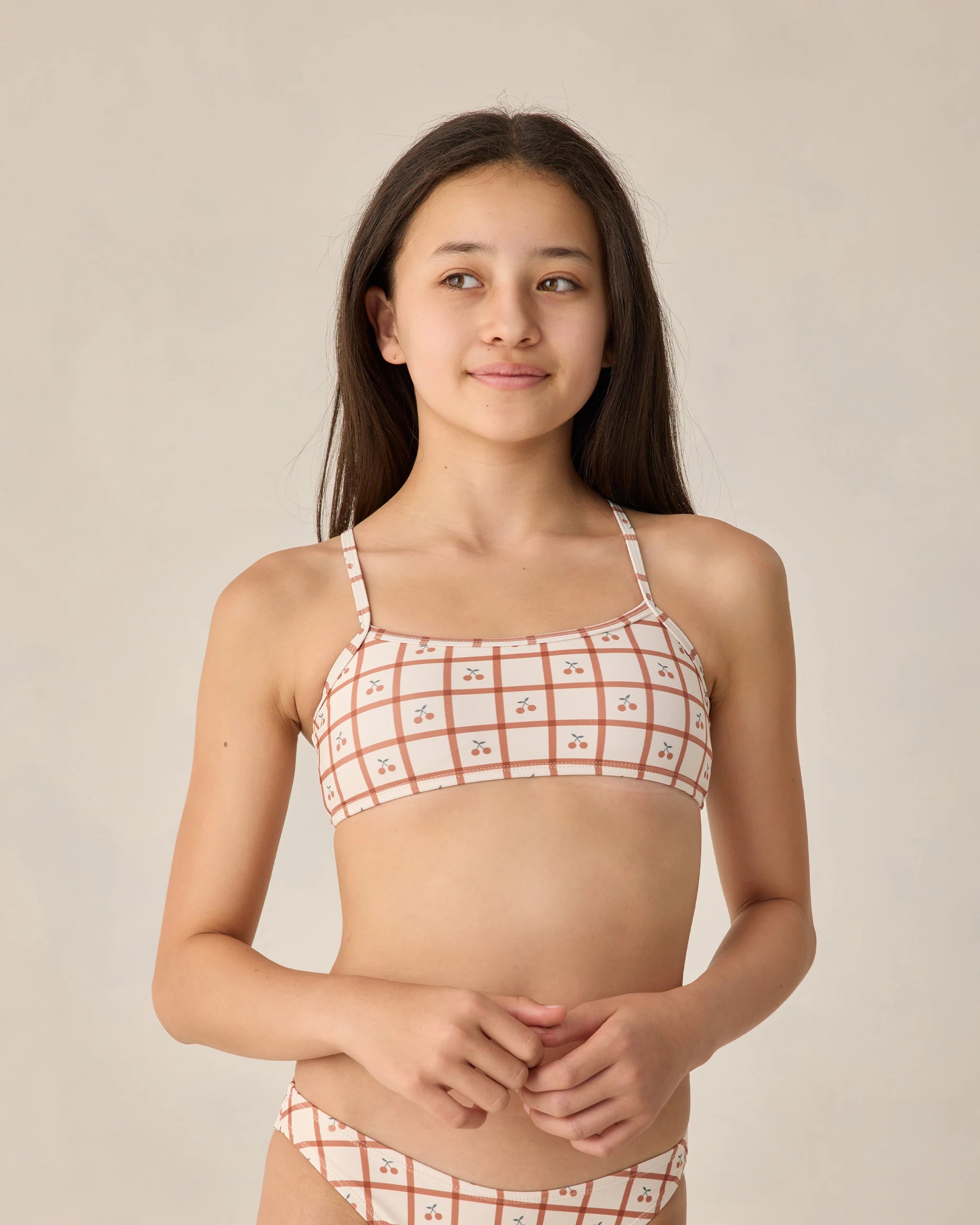Rylee + Cru girls cherry check rashguard bikini set