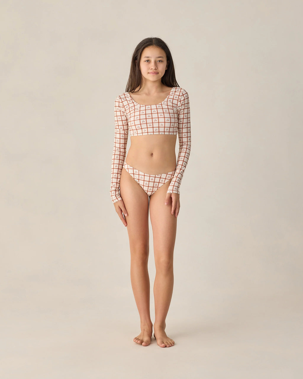 Rylee + Cru girls cherry check rashguard bikini set