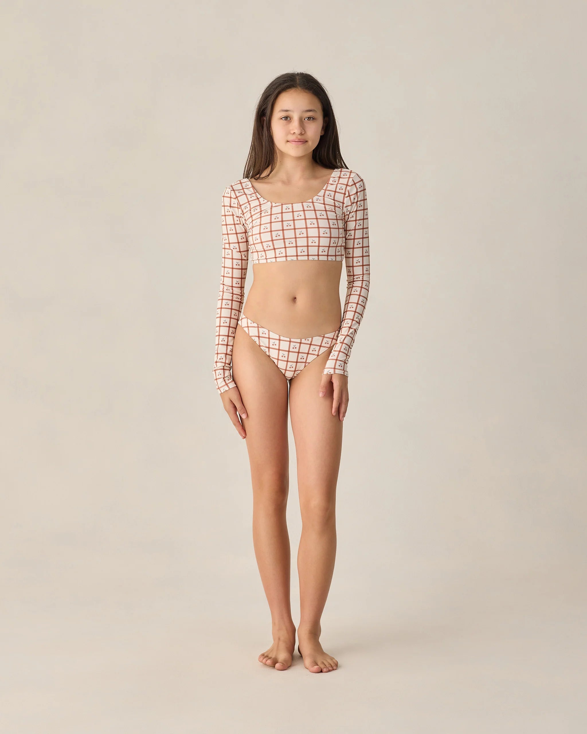 Rylee + Cru girls cherry check rashguard bikini set