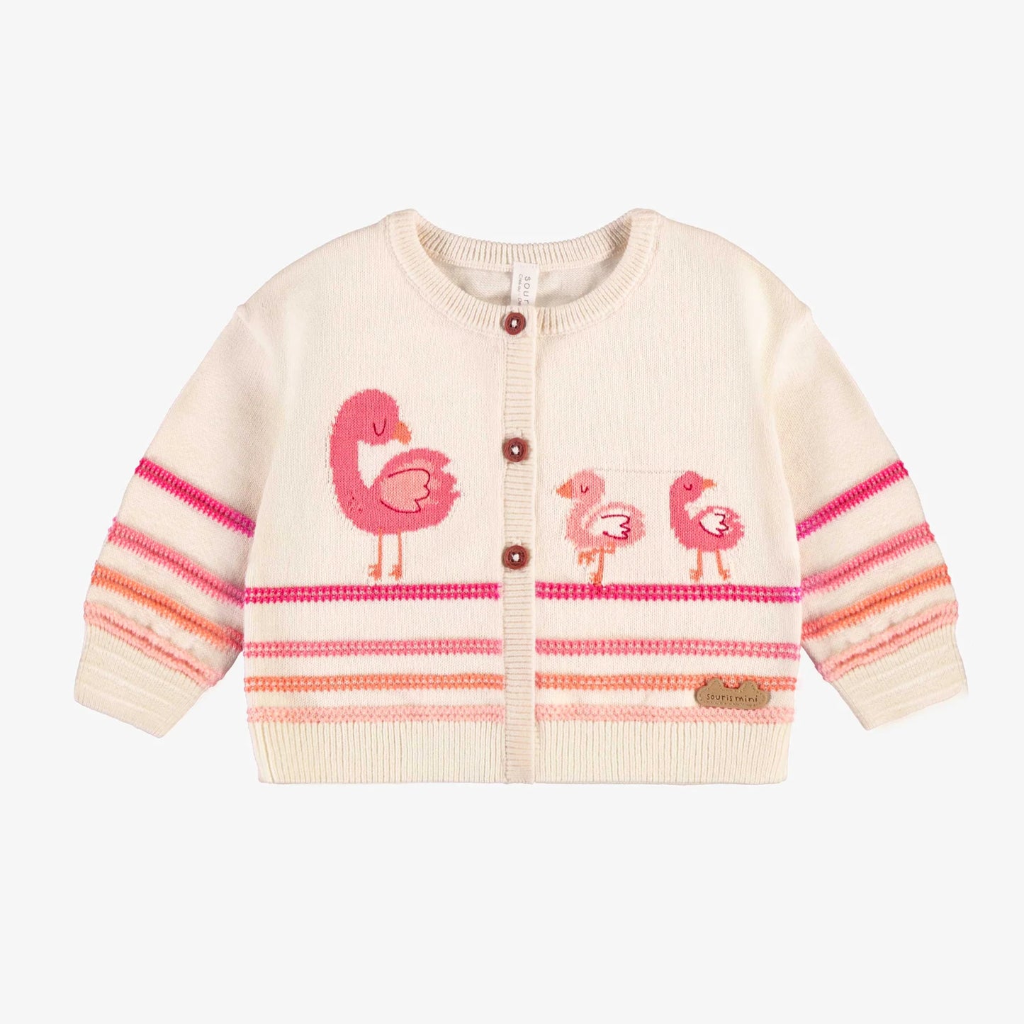 Souris Mini infant girl knit cardigan with flamingos and stripes