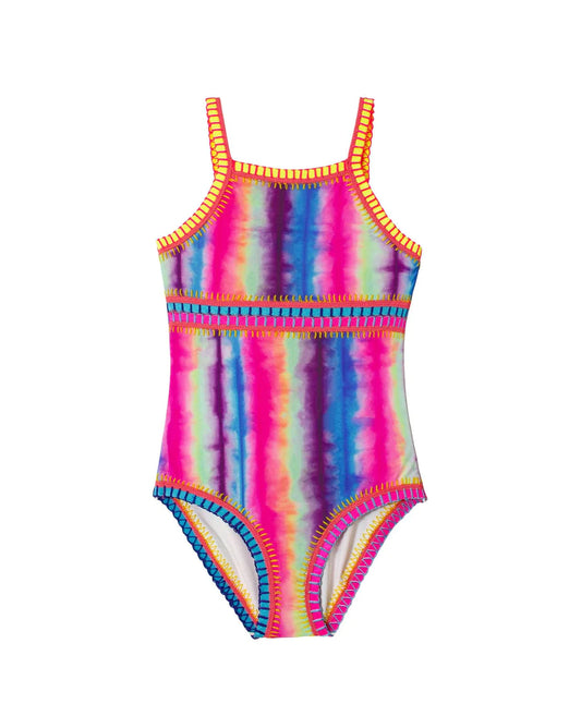 PQ Swim girls tie dye rainbow embroidered swimsuit