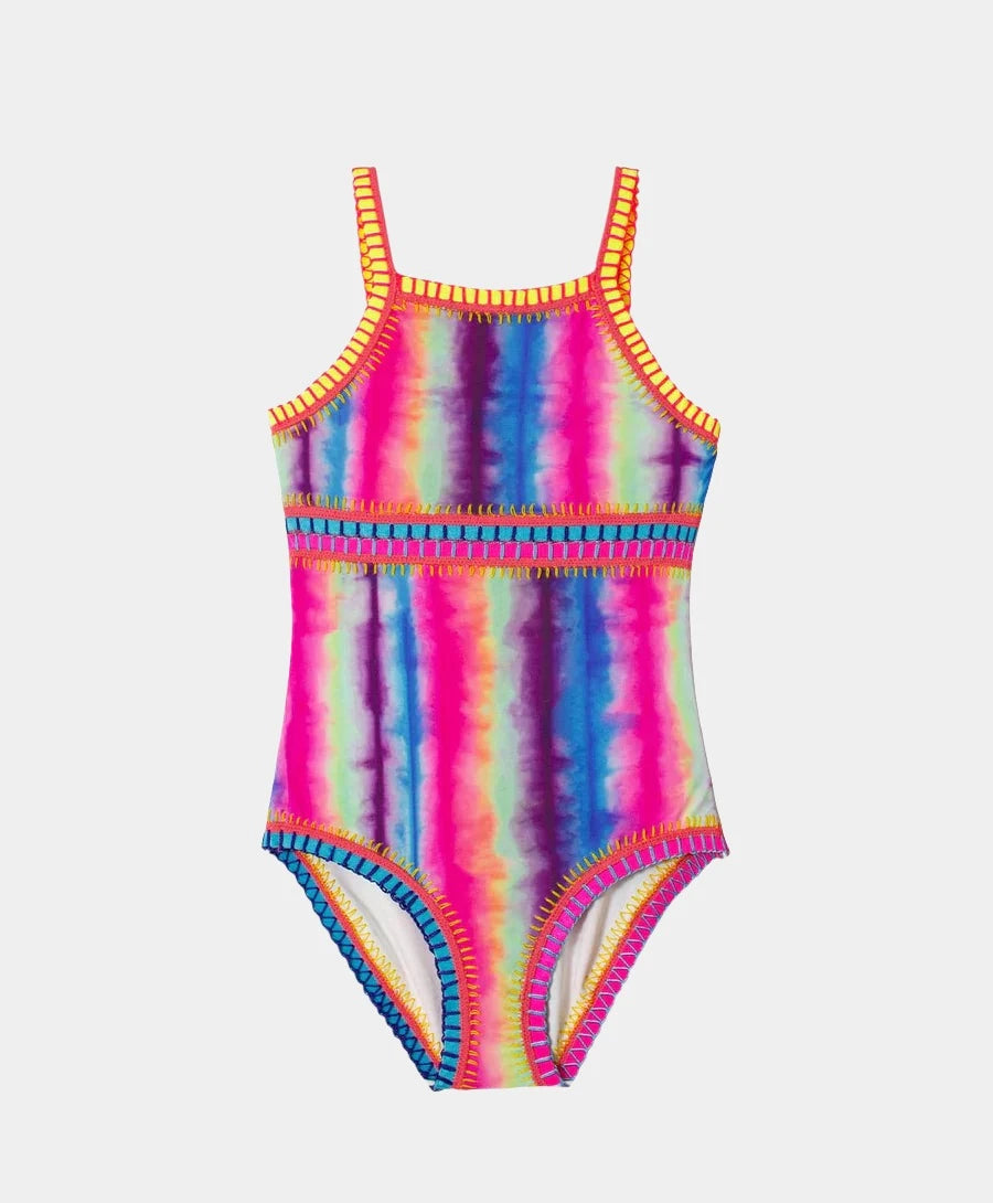 PQ Swim girls tie dye rainbow embroidered swimsuit