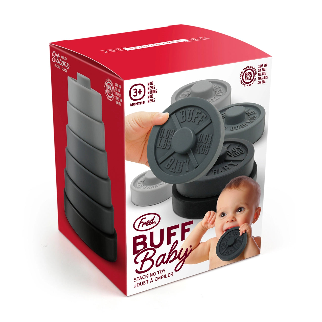 Fred & Friends buff baby weight plate stacking toy and teether