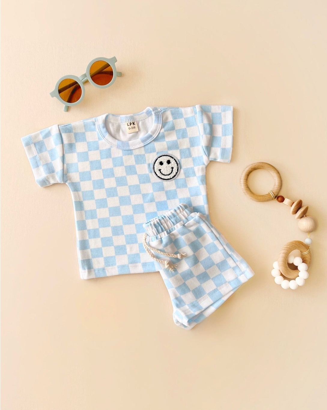 Lucky Panda Kids infant & toddler checkered smiley short set