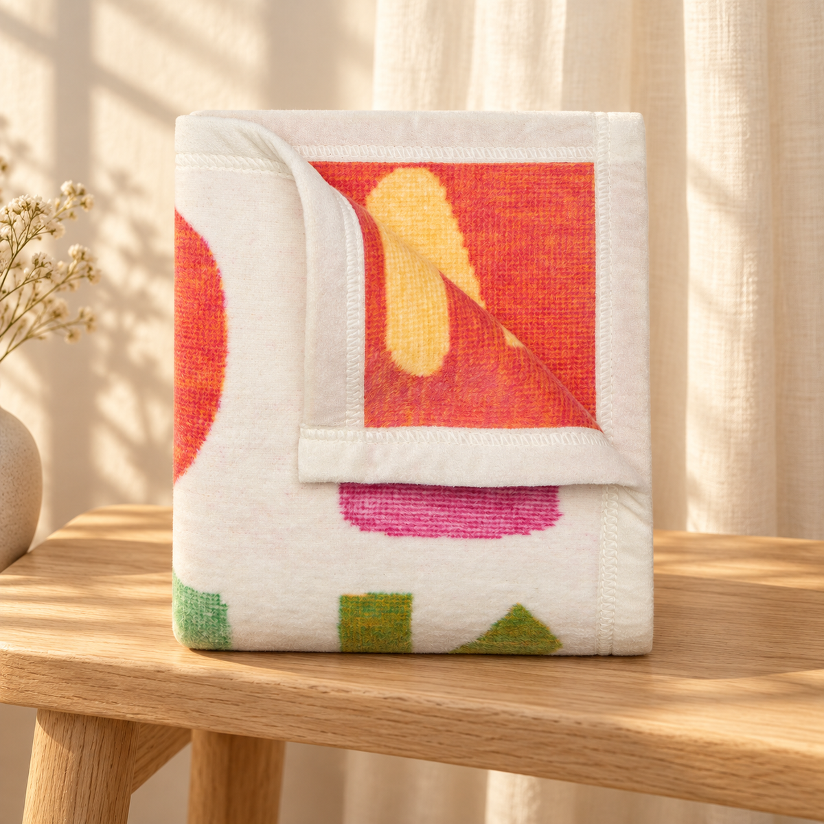 Folded colorful ChappyWrap blanket on a wooden bench in an AI-styled setting
