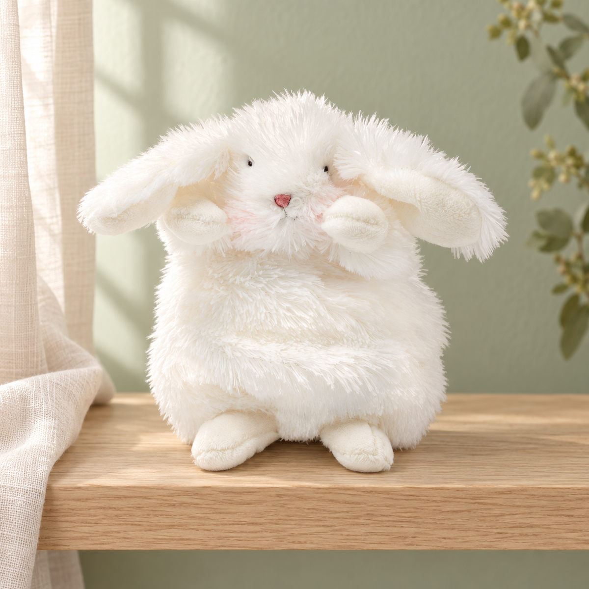 White Bunnies By The Bay plush on an oak shelf in an AI-styled setting