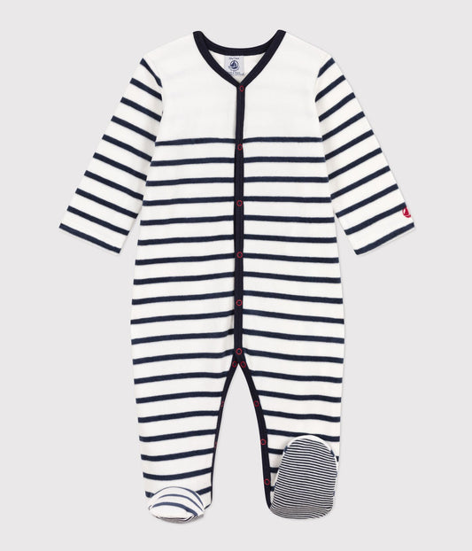 Petit Bateau infant navy & white stripe velour footie